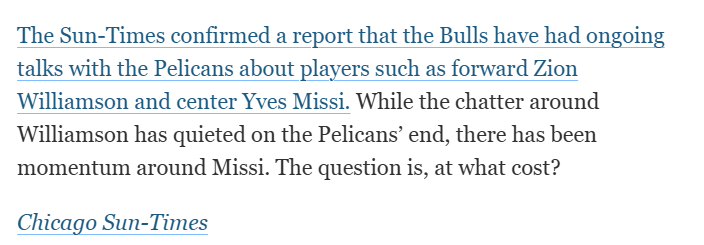 开云体育下载APP-公牛鹈鹕谈判交易锡安！中锋米西也在讨论范围内 武切怀特成筹码